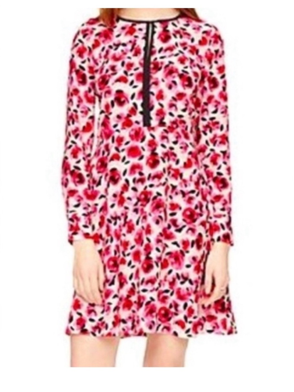 kate spade Pink Floral Long-Sleeve Fit-and-Flare Dress with Black Trim
